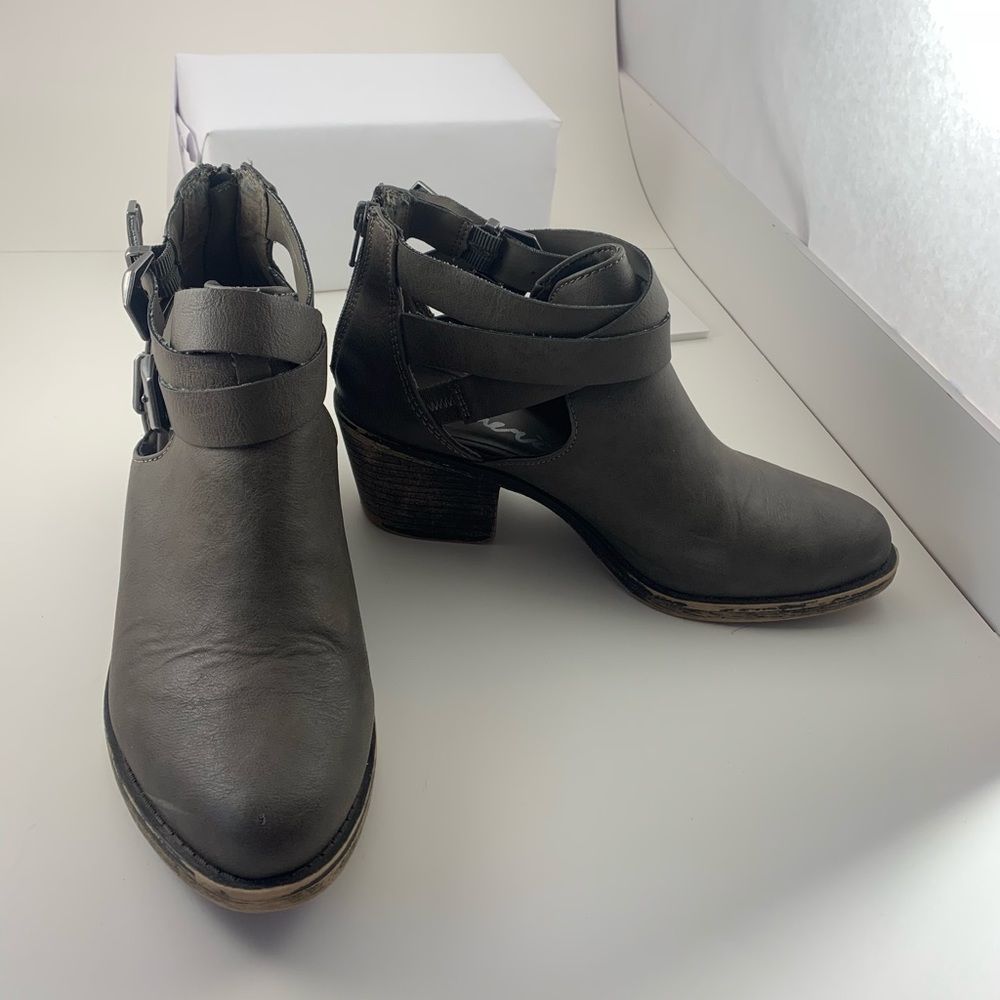 Distressed gray buckle booties